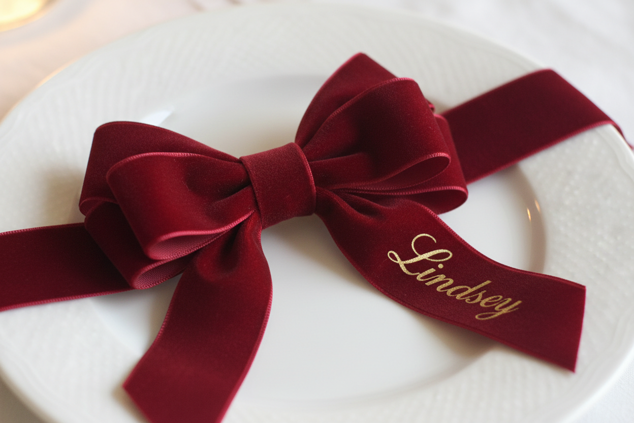 A velvet ribbon tied in a bow on a plate with the name "Lindsey" written in script on the lower right side of the bow